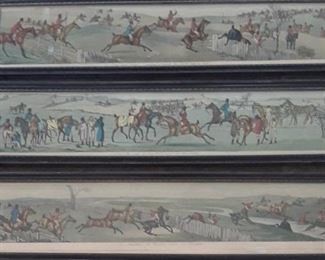 Three of six images of the hunt. Lithographs made in London in 19th century. Captions in Latin. Approx. 4" x 24" - priced individually. Buy one or all.