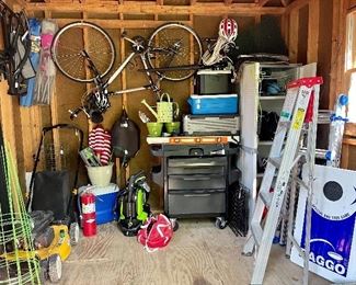 Garage is a treasure trove...lawn mower, pressure wahser, tool chest on wheels, storage cabinets, beach chairs, BIKES, garden supplies, Ladders, games and coolers...