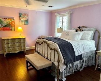 Full size  antique Iron Bed - with the best bedding this side of Yves Delorme 