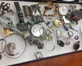 Vintage jewelry sterling, old pocket watches, match safe  and more… 