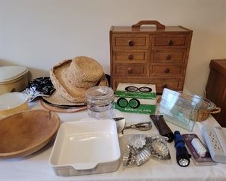 Vintage cookware and hats, + wood jewelry chest