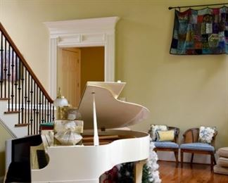 Bardbury, New York, white grand piano and bench, insides replaced a few years ago, tuned up a couple of times in recent years