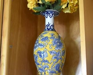 blue, white, yellow vase