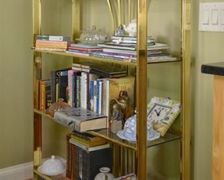 miscellaneous items, brass and glass shelving unit