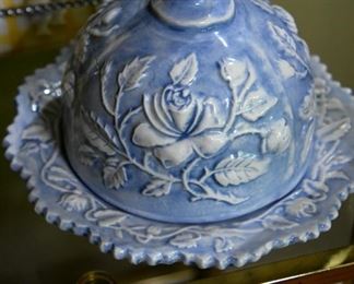 blue floral covered dish