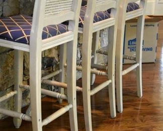 Barstools, wicker back, blue and gold upholstered seat (set of seven/7)