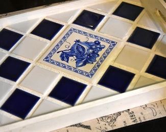 blue and white ceramic tile tray