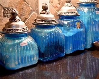 canister set, blue glass, metal