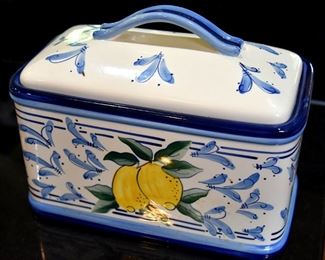 butter box, blue and white and lemon