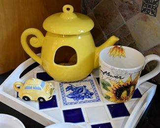 blue and white tile tray, tea pot, coffee cup