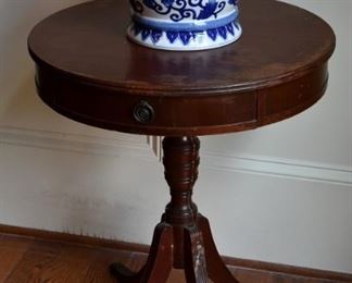 table, blue and white vase