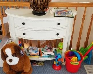 Foyer table; some kids toys