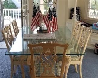 Elegant dining room table & chairs; chandelier
