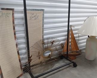 Clothes Rack, Lamp, and Wall Hangings