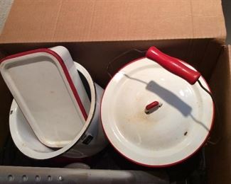 red and white enamelware
