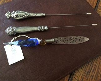 Sterling hat pins and murano letter opener