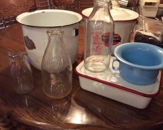 red and white enamelware, milk bottles