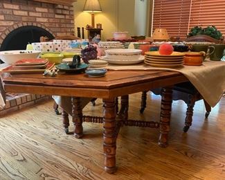 1970's Solid Wood Dining Table & 4 Cain Back Arm Chairs - 27.5"H x 61"W x 44"D - $220