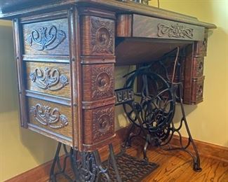 Antique Singer 66 Red Eye Sewing Machine & 7-Drawer Treadle Cabinet- 31"H x 37"W x 17.5"D - $280  