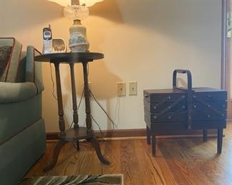 Vintage Pedestal Side Table & Portable Sewing Storage