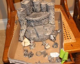 Pewter fantasy castle and figurines