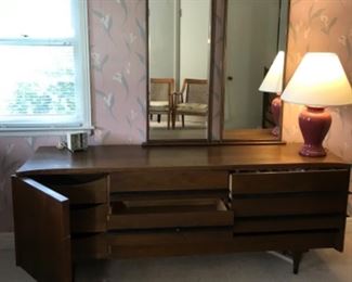 American of Martinsville Mid Century Modern dresser. Priced at $675.00 . Dresser has 9 drawers and is  75 1/2“ long , 29 1/2” tall, 19 1/2” deep***excludes mirror height. 