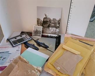 Envelopes, paper, calendar, drawing ink and Jane Mansfield photos