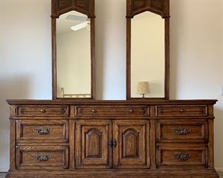 Vintage Drexel Bedroom Set: Dresser w 2 Mirrors, 2 Nightstands, Armoire 