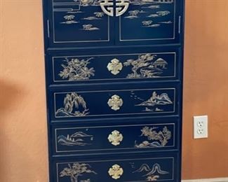 Chinese Hand Painted Lacquer Cabinet Slender Dresser 49x22x16.5in HxWxD