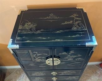 Chinese Hand Painted Lacquer Cabinet Slender Dresser 49x22x16.5in HxWxD