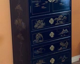 Chinese Hand Painted Lacquer Cabinet Slender Dresser 49x22x16.5in HxWxD