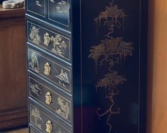 Chinese Hand Painted Lacquer Cabinet Slender Dresser 49x22x16.5in HxWxD