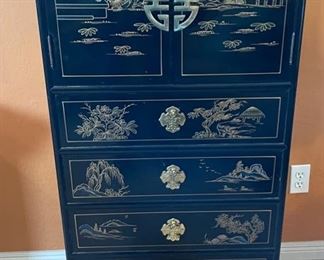 Chinese Hand Painted Lacquer Cabinet Slender Dresser 49x22x16.5in HxWxD