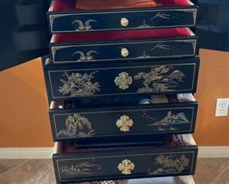 Chinese Hand Painted Lacquer Cabinet Slender Dresser 49x22x16.5in HxWxD