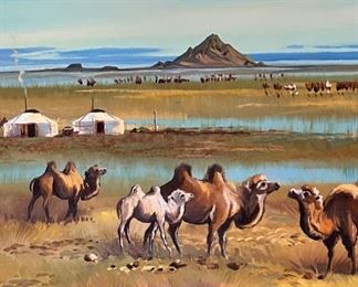 *Original* Art Russian Camel Painting Frame: 25x30x2.5in HxWxD