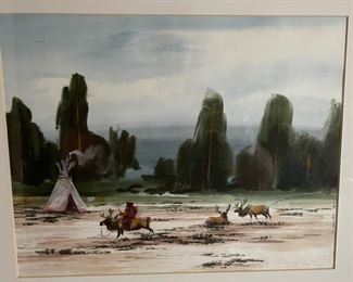 *Original* Art Watercolor Tsaatan Reindeer Herder Painting #2 Frame: 19x23in