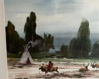 *Original* Art Watercolor Tsaatan Reindeer Herder Painting #2 Frame: 19x23in