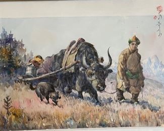 *Original* Art Watercolor Nomadic Mongol Man Painting Frame: 14.5x17.5in