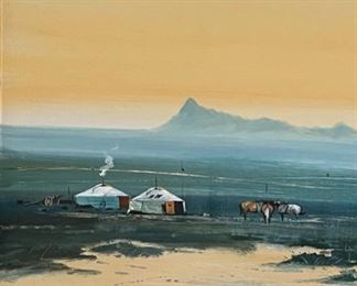 *Original* Art Mongolian Yurt Landscape Painting Frame: 26x29.53in