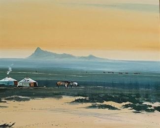 *Original* Art Mongolian Yurt Landscape Painting Frame: 26x29.53in