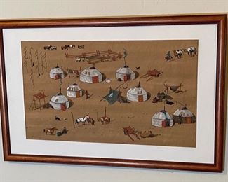*Original* Art Mongolian Yurt Village Painting Frame: 14x21in