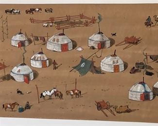 *Original* Art Mongolian Yurt Village Painting Frame: 14x21in