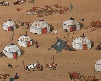 *Original* Art Mongolian Yurt Village Painting Frame: 14x21in