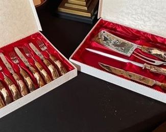 17pc Stag hand carved Anton Wingen Jr Othello German Carving Knife & Cutlery Set Dimensions: 2x18.25x10.25in HxWxD
