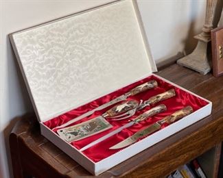 17pc Stag hand carved Anton Wingen Jr Othello German Carving Knife & Cutlery Set Dimensions: 2x18.25x10.25in HxWxD