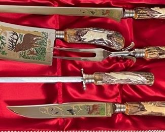 17pc Stag hand carved Anton Wingen Jr Othello German Carving Knife & Cutlery Set Dimensions: 2x18.25x10.25in HxWxD