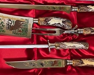 17pc Stag hand carved Anton Wingen Jr Othello German Carving Knife & Cutlery Set Dimensions: 2x18.25x10.25in HxWxD