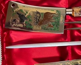17pc Stag hand carved Anton Wingen Jr Othello German Carving Knife & Cutlery Set Dimensions: 2x18.25x10.25in HxWxD
