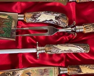 17pc Stag hand carved Anton Wingen Jr Othello German Carving Knife & Cutlery Set Dimensions: 2x18.25x10.25in HxWxD