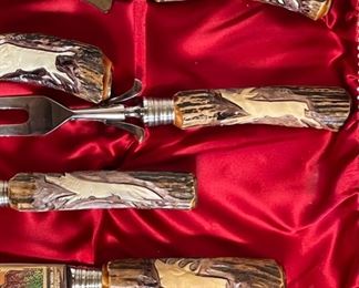 17pc Stag hand carved Anton Wingen Jr Othello German Carving Knife & Cutlery Set Dimensions: 2x18.25x10.25in HxWxD